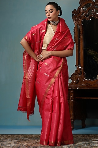 Georgia Peach Kosa Silk Handwoven Saree Set by Dusala India