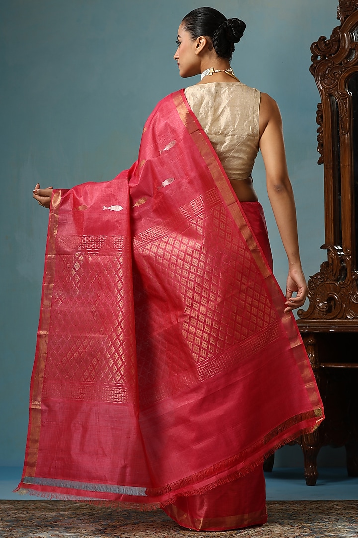 Georgia Peach Kosa Silk Handwoven Wedding Saree Set by Dusala India at Pernia's Pop Up Shop