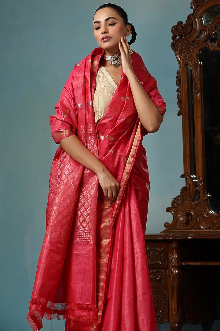 Georgia Peach Kosa Silk Handwoven Wedding Saree Set by Dusala India at Pernia's Pop Up Shop