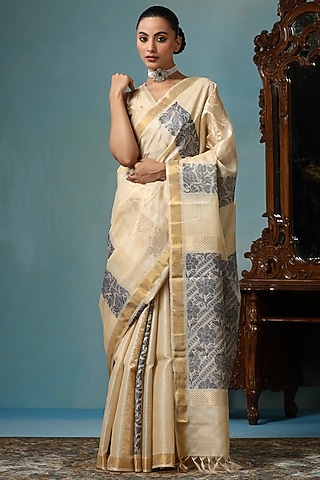 Beige Kosa Silk Handwoven Saree Set by Dusala India