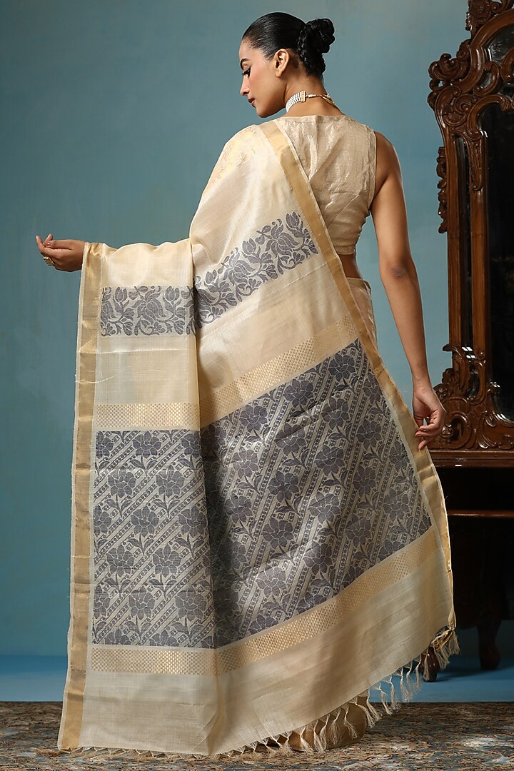Beige Kosa Silk Handwoven Party Wear Saree Set by Dusala India at Pernia's Pop Up Shop