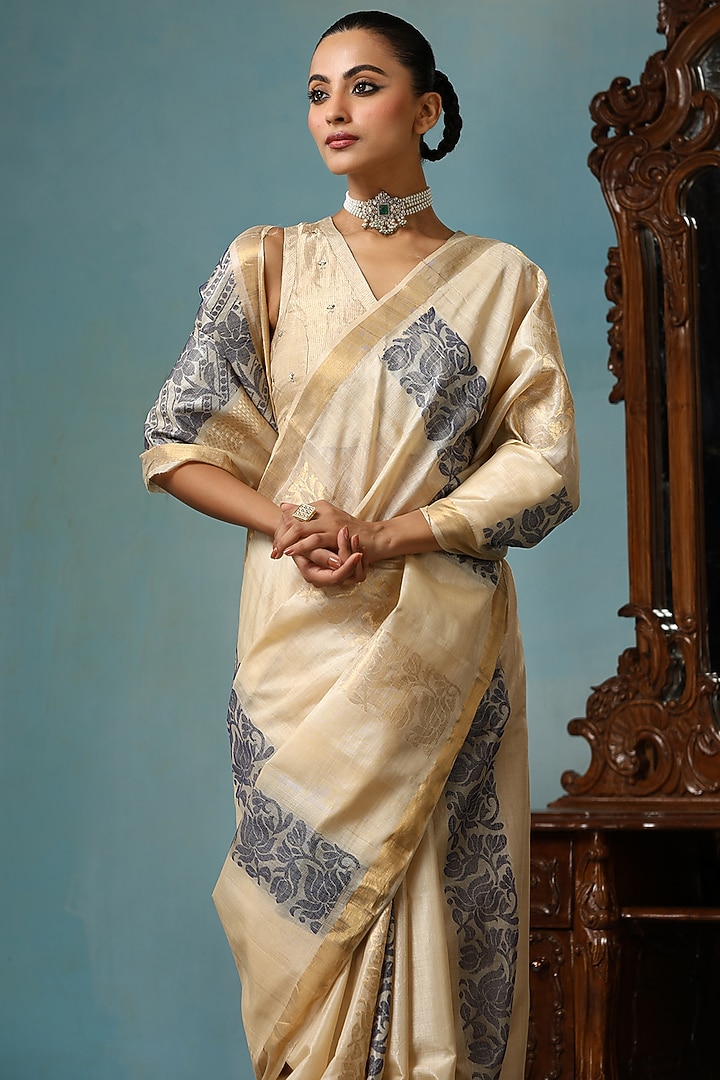 Beige Kosa Silk Handwoven Party Wear Saree Set by Dusala India at Pernia's Pop Up Shop