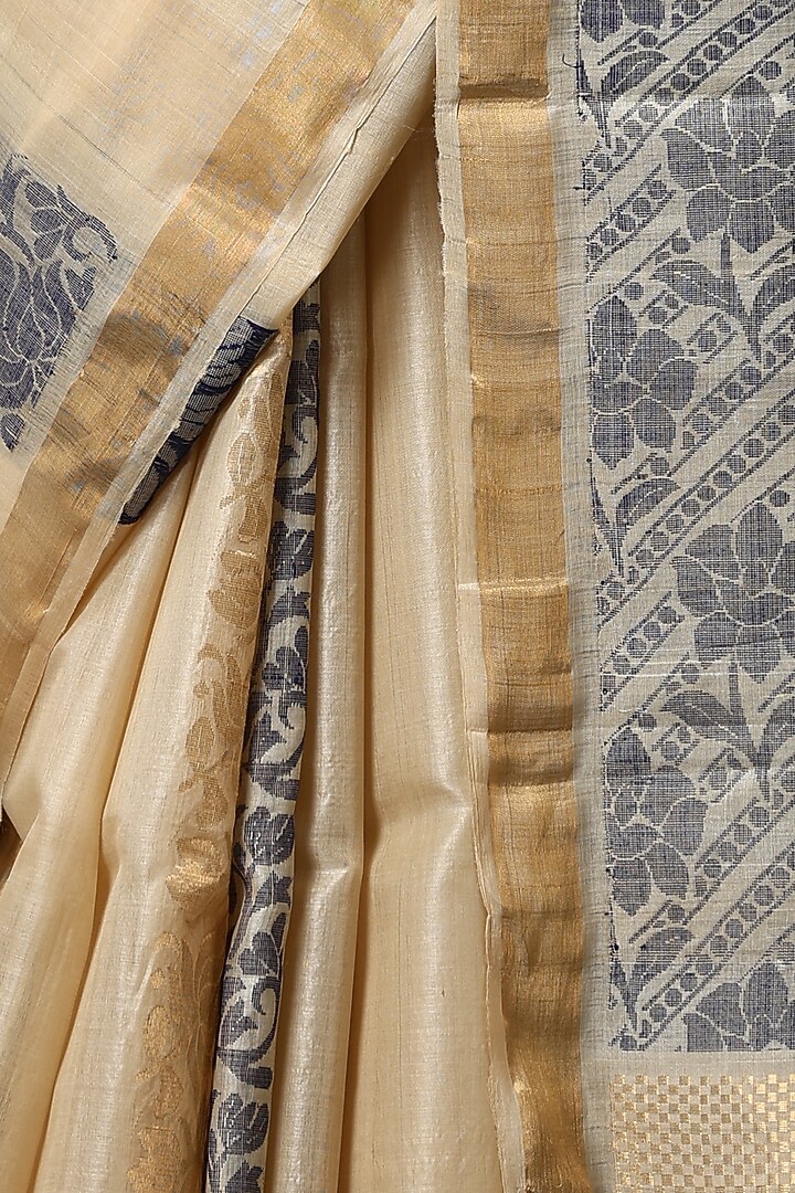 Beige Kosa Silk Handwoven Party Wear Saree Set by Dusala India at Pernia's Pop Up Shop