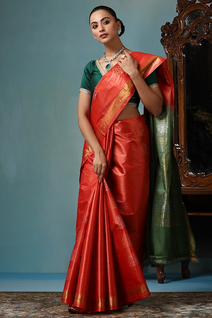 Orange Kosa Silk Handwoven Saree Set by Dusala India at Pernia's Pop Up Shop