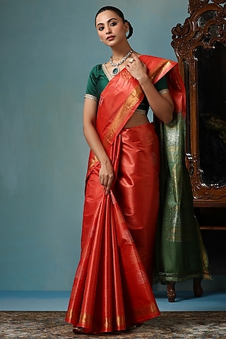 Orange Kosa Silk Handwoven Saree Set by Dusala India