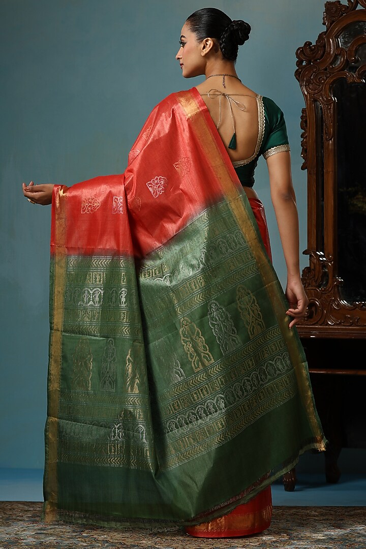 Orange Kosa Silk Handwoven Wedding Saree Set by Dusala India at Pernia's Pop Up Shop