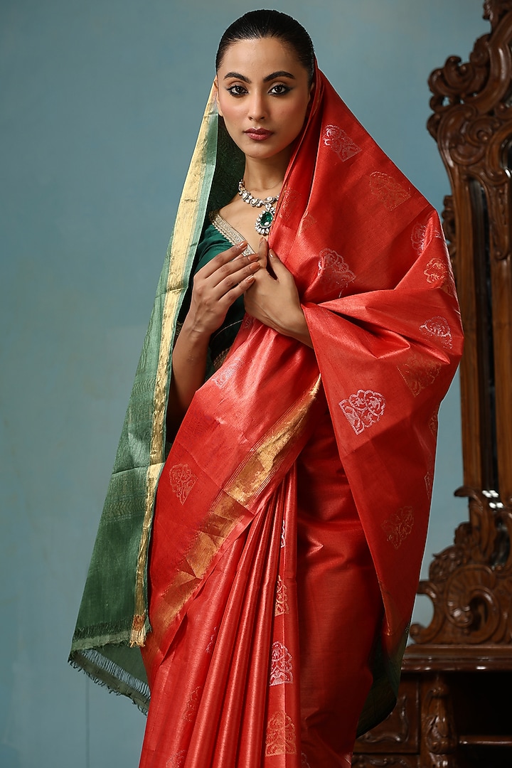 Orange Kosa Silk Handwoven Wedding Saree Set by Dusala India at Pernia's Pop Up Shop