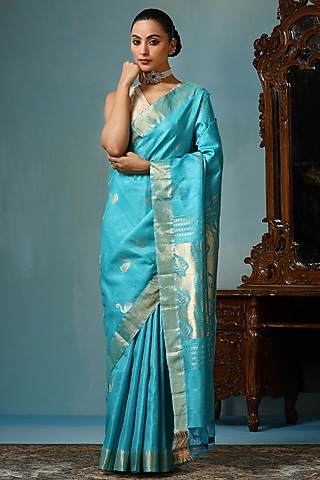 Sky Blue Kosa Silk Handwoven Saree Set by Dusala India