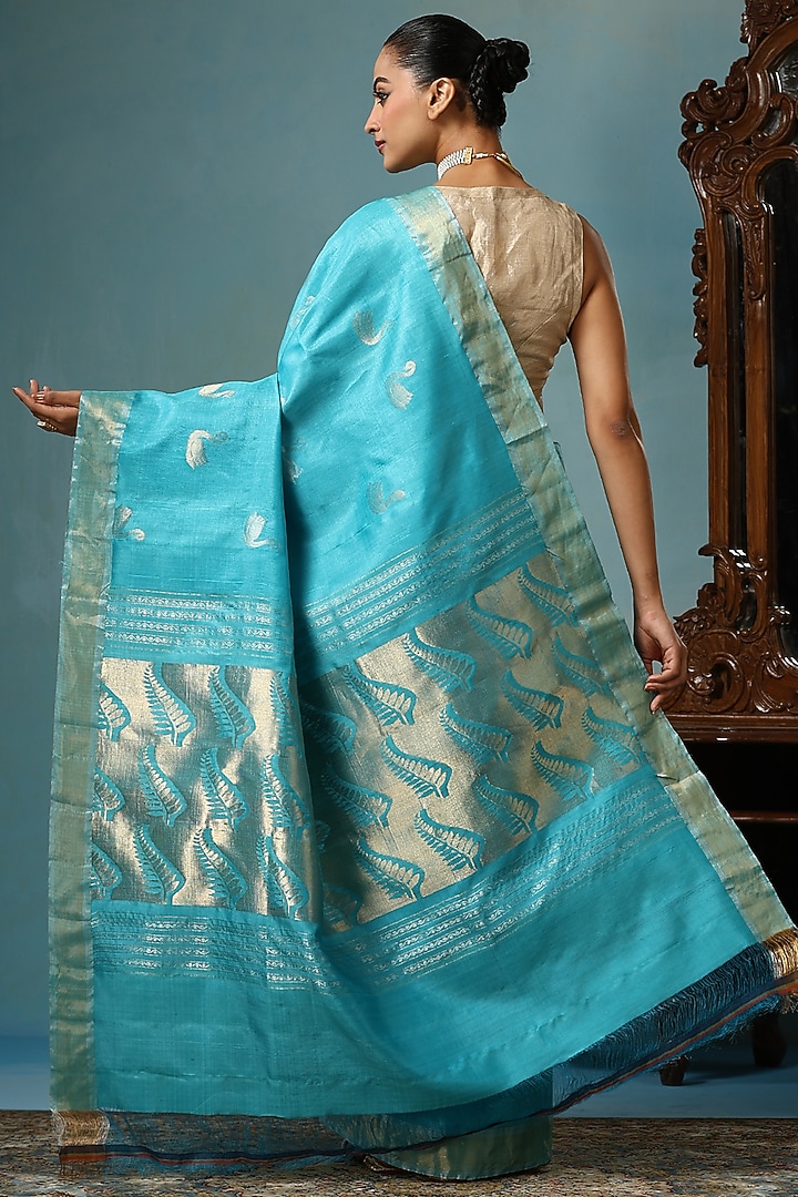 Sky Blue Kosa Silk Handwoven Wedding Saree Set by Dusala India at Pernia's Pop Up Shop