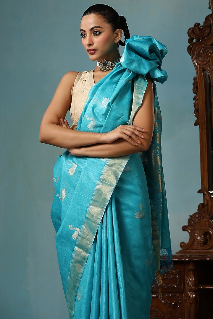 Sky Blue Kosa Silk Handwoven Wedding Saree Set by Dusala India at Pernia's Pop Up Shop