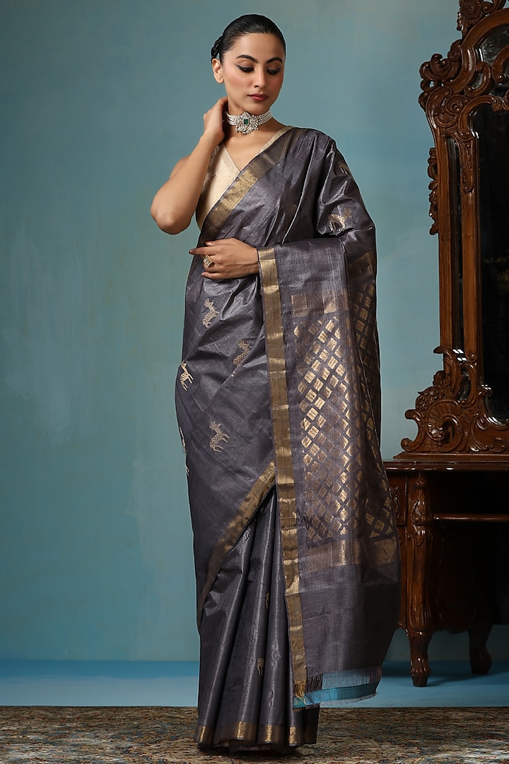 Grey Kosa Silk Handwoven Saree Set by Dusala India at Pernia's Pop Up Shop