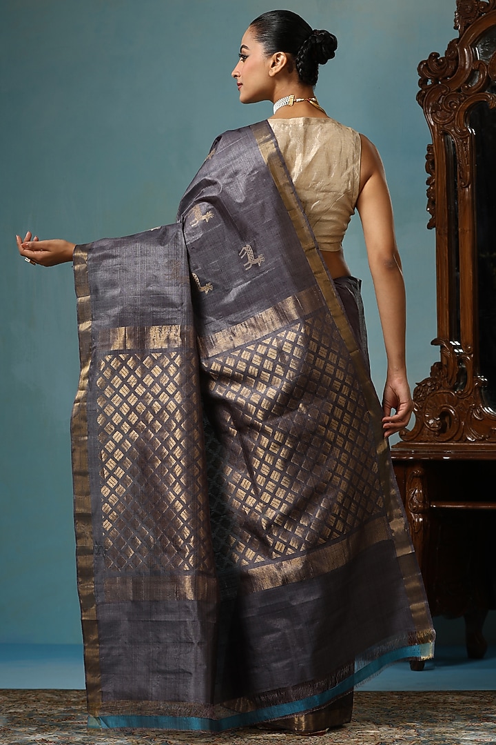 Grey Kosa Silk Handwoven Wedding Saree Set by Dusala India at Pernia's Pop Up Shop