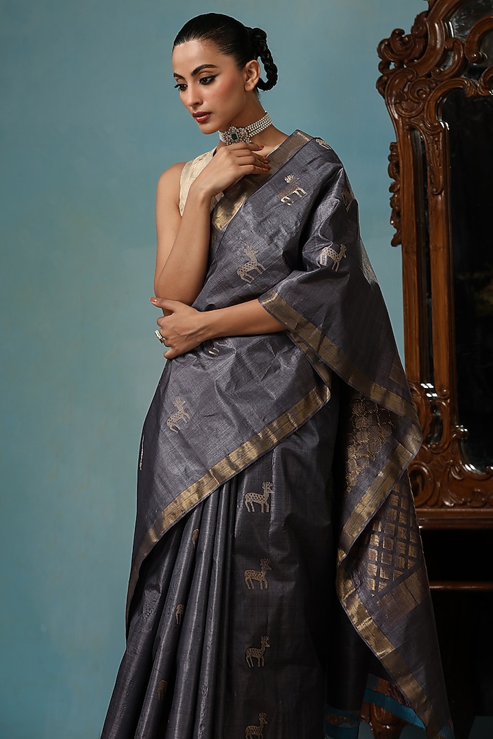 Grey Kosa Silk Handwoven Wedding Saree Set by Dusala India at Pernia's Pop Up Shop