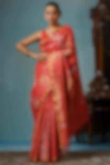 Red Kosa Silk Handwoven Saree Set by Dusala India at Pernia's Pop Up Shop