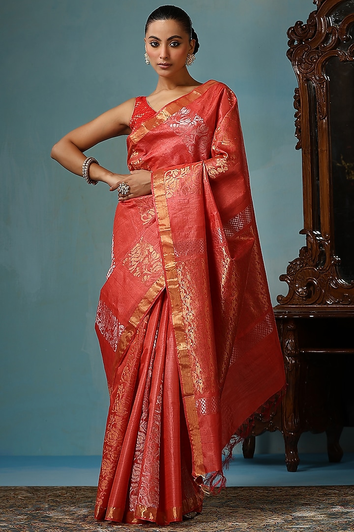 Red Kosa Silk Handwoven Saree Set by Dusala India at Pernia's Pop Up Shop