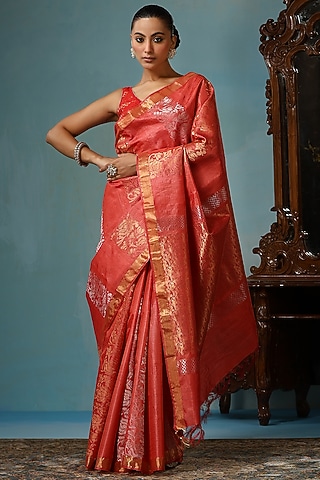 Red Kosa Silk Handwoven Saree Set by Dusala India
