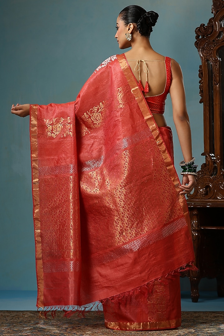 Red Kosa Silk Handwoven Wedding Saree Set by Dusala India at Pernia's Pop Up Shop