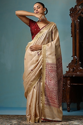 Beige Kosa Silk Handwoven Saree Set by Dusala India