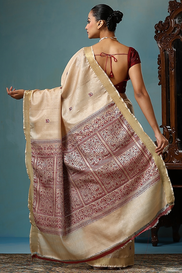 Beige Kosa Silk Handwoven Party Wear Saree Set by Dusala India at Pernia's Pop Up Shop