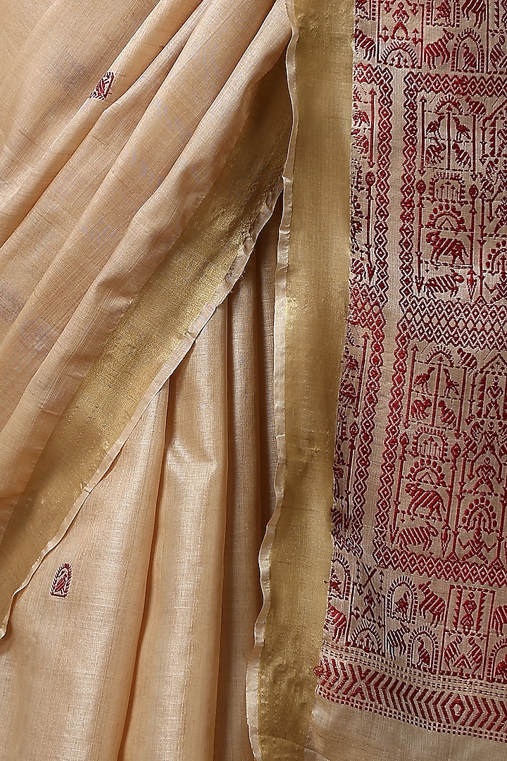 Beige Kosa Silk Handwoven Party Wear Saree Set by Dusala India at Pernia's Pop Up Shop