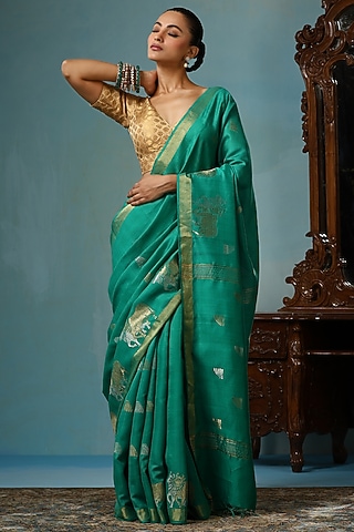 Sea Green Kosa Silk Handwoven Saree Set by Dusala India