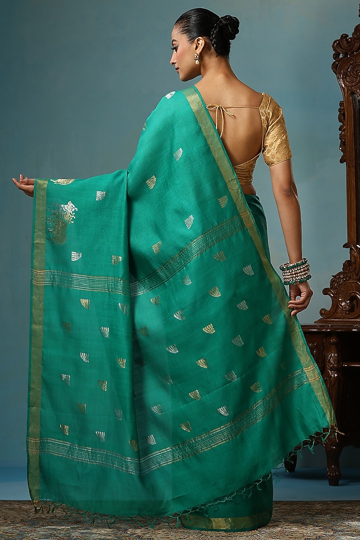 Sea Green Kosa Silk Handwoven Wedding Saree Set by Dusala India at Pernia's Pop Up Shop