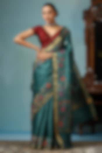 Turquoise Blue Kosa Silk Handwoven Saree Set by Dusala India at Pernia's Pop Up Shop