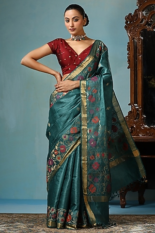 Turquoise Blue Kosa Silk Handwoven Saree Set by Dusala India