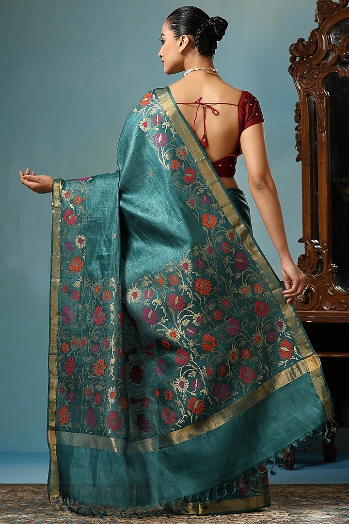 Turquoise Blue Kosa Silk Handwoven Party Wear Saree Set by Dusala India at Pernia's Pop Up Shop