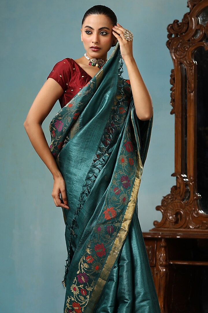 Turquoise Blue Kosa Silk Handwoven Party Wear Saree Set by Dusala India at Pernia's Pop Up Shop