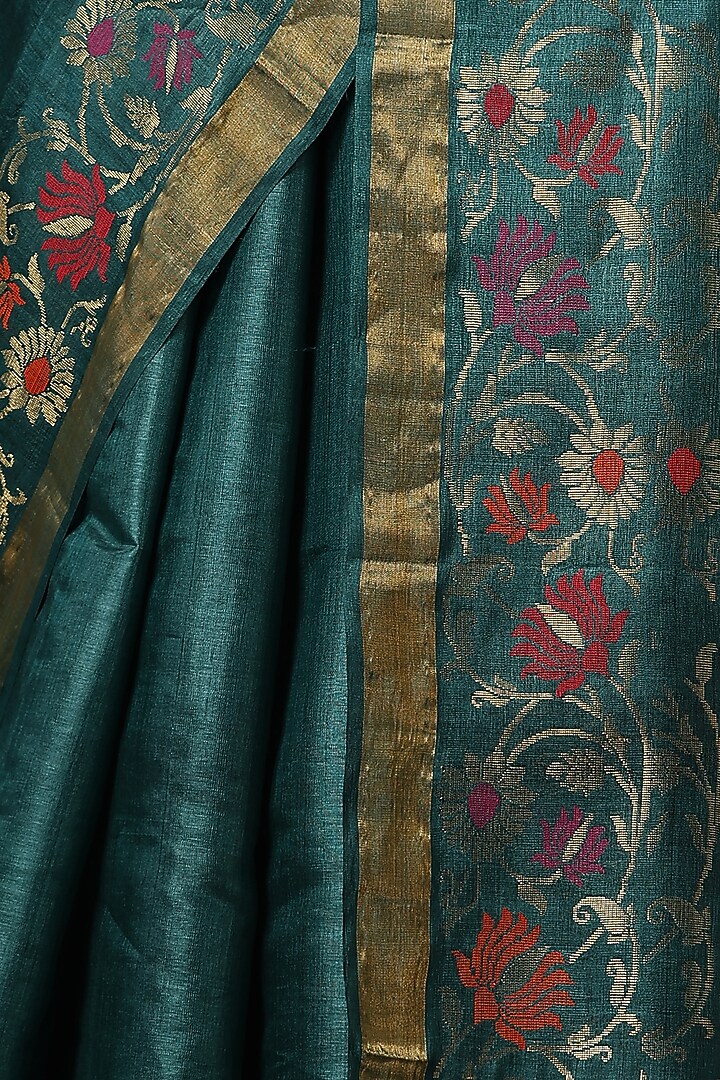 Turquoise Blue Kosa Silk Handwoven Party Wear Saree Set by Dusala India at Pernia's Pop Up Shop