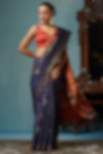 Blue & Red Kosa Silk Handwoven Saree Set by Dusala India at Pernia's Pop Up Shop