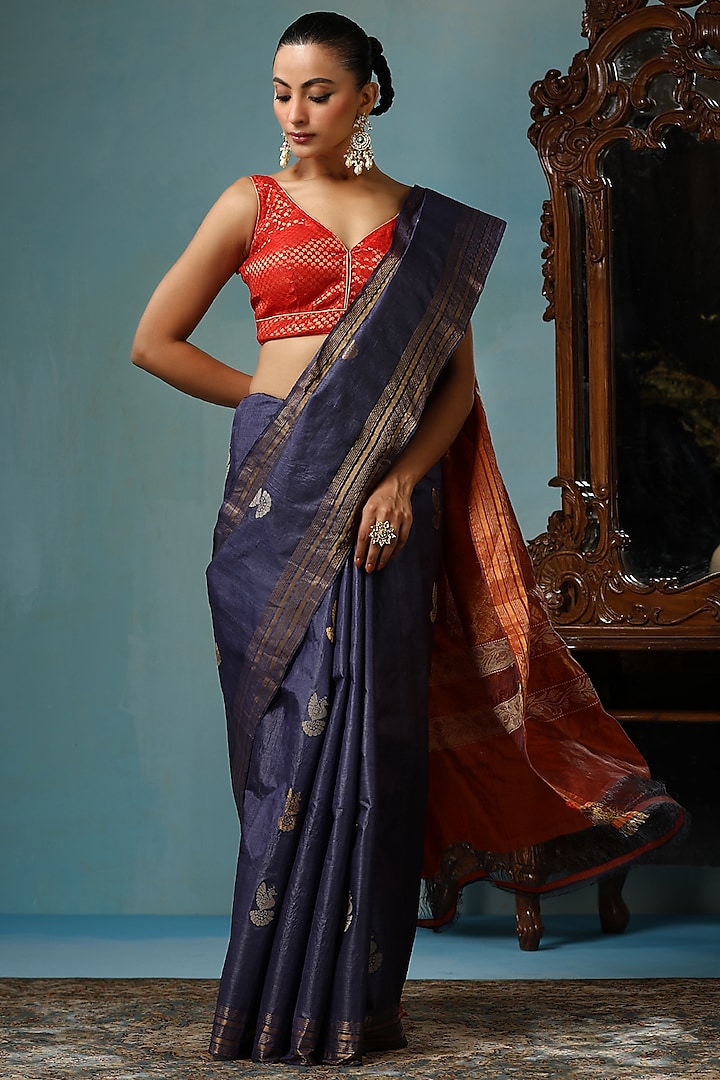 Blue & Red Kosa Silk Handwoven Saree Set by Dusala India at Pernia's Pop Up Shop