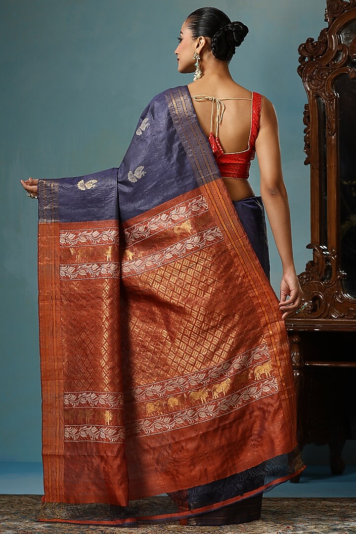 Blue & Red Kosa Silk Handwoven Wedding Saree Set by Dusala India at Pernia's Pop Up Shop