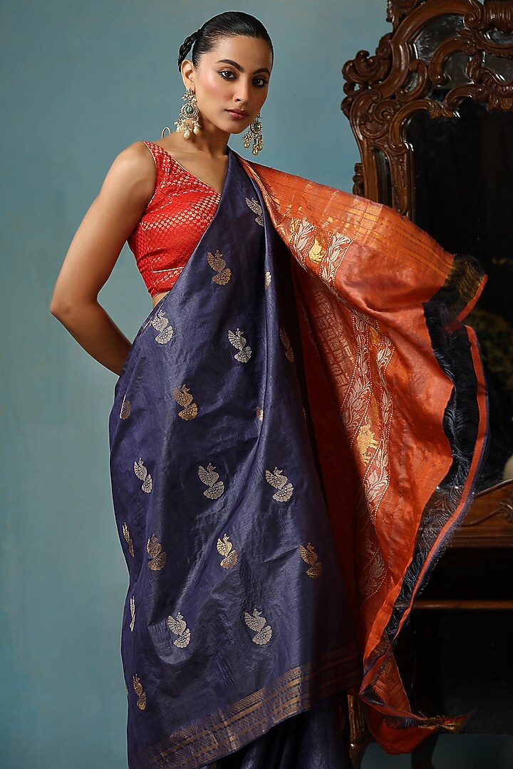 Blue & Red Kosa Silk Handwoven Wedding Saree Set by Dusala India at Pernia's Pop Up Shop