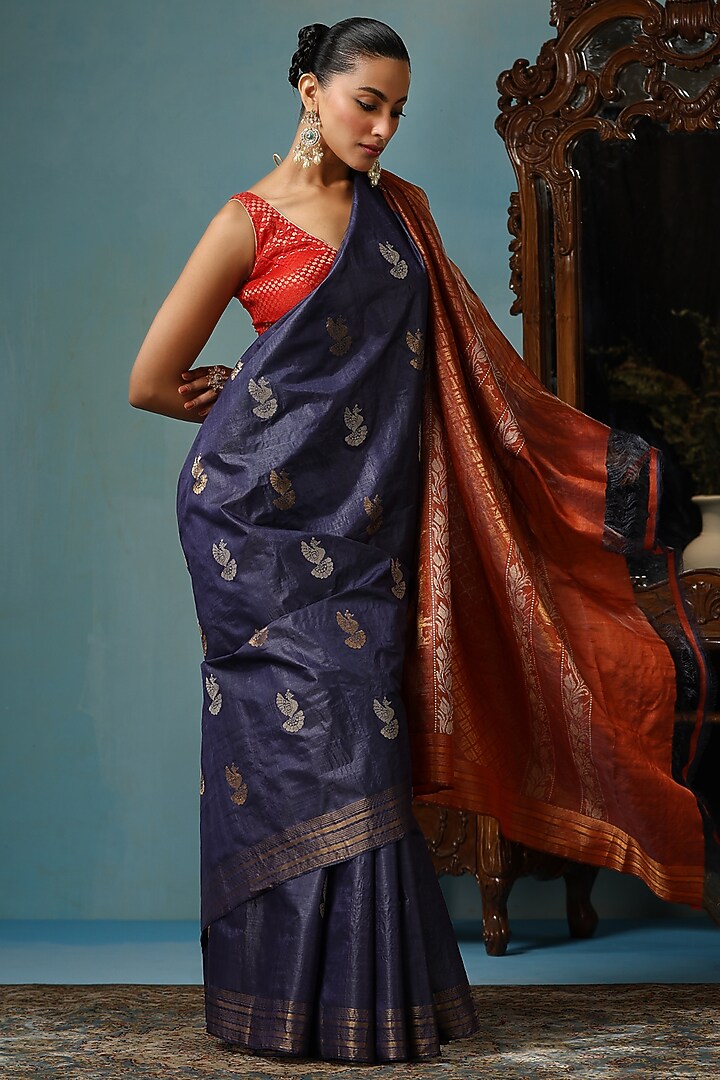 Blue & Red Kosa Silk Handwoven Wedding Saree Set by Dusala India at Pernia's Pop Up Shop