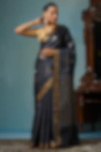 Dark Grey Kosa Silk Handwoven Saree Set by Dusala India at Pernia's Pop Up Shop