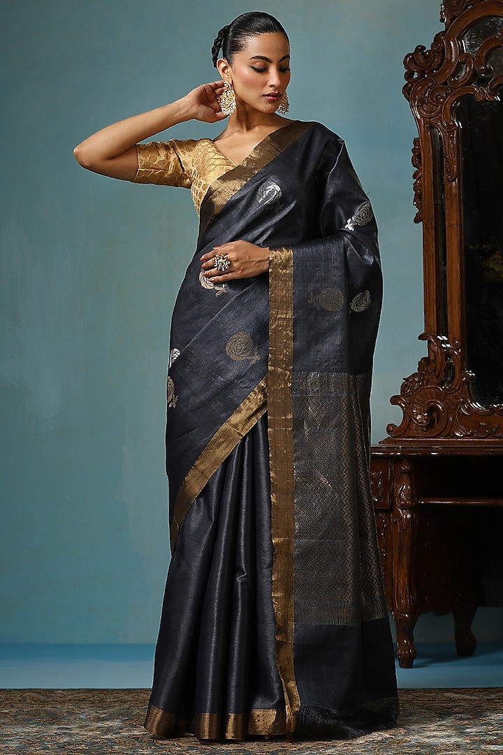 Dark Grey Kosa Silk Handwoven Saree Set by Dusala India at Pernia's Pop Up Shop