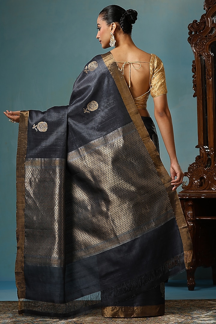 Dark Grey Kosa Silk Handwoven Party Wear Saree Set by Dusala India at Pernia's Pop Up Shop