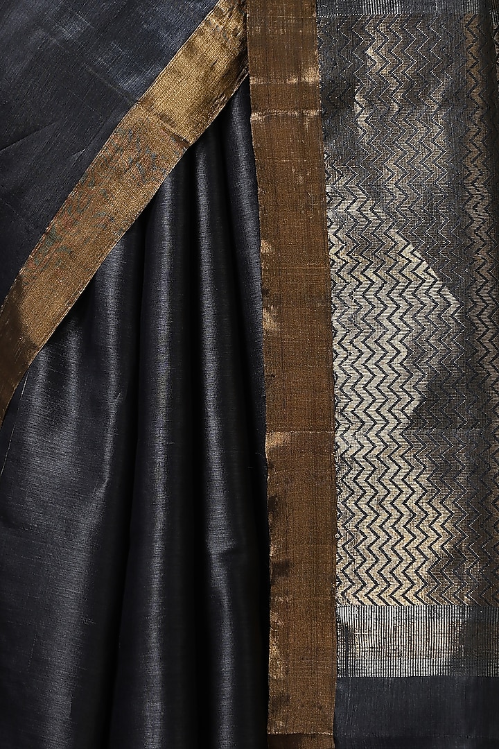 Dark Grey Kosa Silk Handwoven Party Wear Saree Set by Dusala India at Pernia's Pop Up Shop