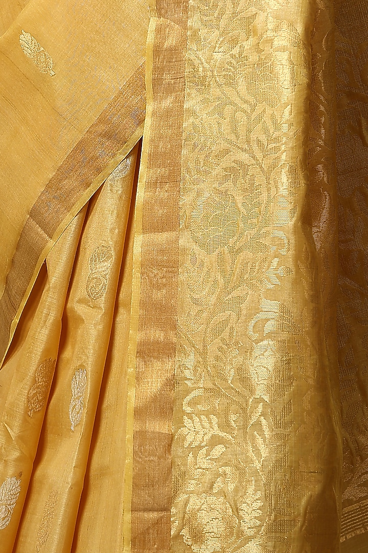 Light Yellow-Gold Kosa Silk Handwoven Party Wear Saree Set by Dusala India at Pernia's Pop Up Shop