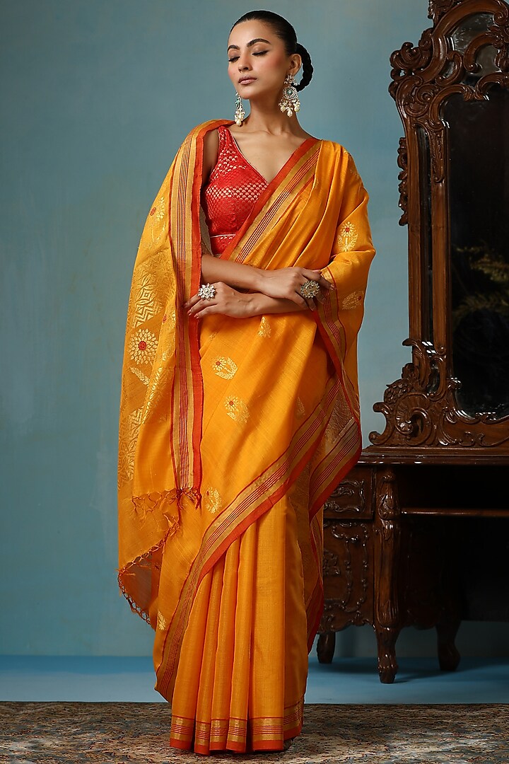 Mustard Kosa Silk Handwoven Saree Set by Dusala India at Pernia's Pop Up Shop