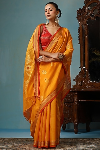 Mustard Kosa Silk Handwoven Saree Set by Dusala India