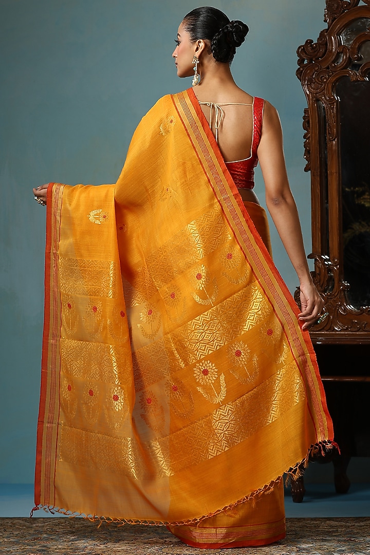 Mustard Kosa Silk Handwoven Party Wear Saree Set by Dusala India at Pernia's Pop Up Shop