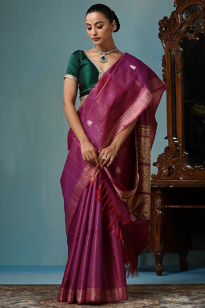 Magenta & Gold Kosa Silk Handwoven Saree Set by Dusala India at Pernia's Pop Up Shop