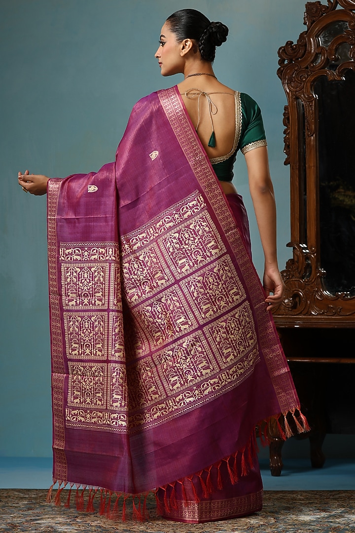 Magenta & Gold Kosa Silk Handwoven Party Wear Saree Set by Dusala India at Pernia's Pop Up Shop