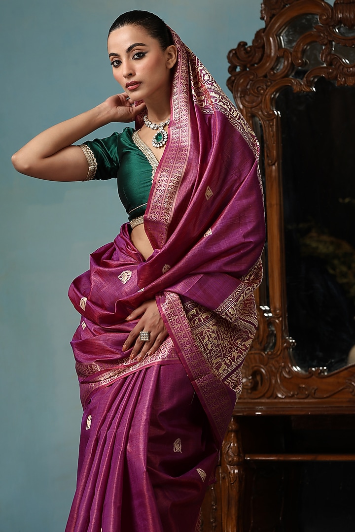 Magenta & Gold Kosa Silk Handwoven Party Wear Saree Set by Dusala India at Pernia's Pop Up Shop