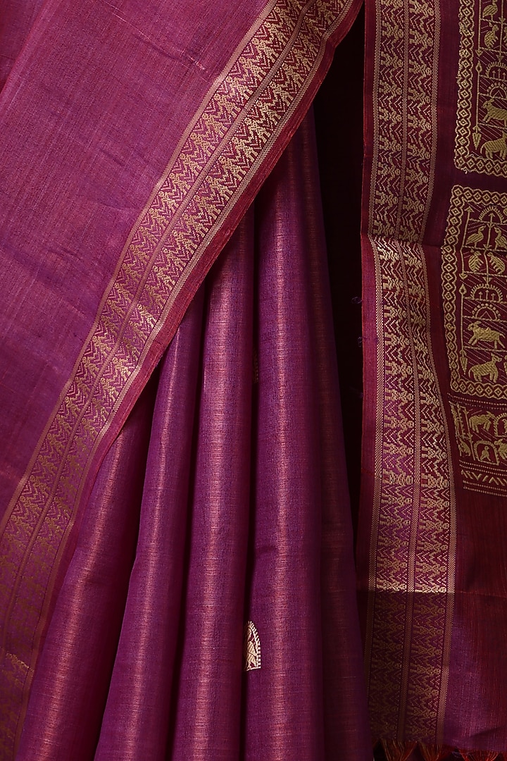 Magenta & Gold Kosa Silk Handwoven Party Wear Saree Set by Dusala India at Pernia's Pop Up Shop