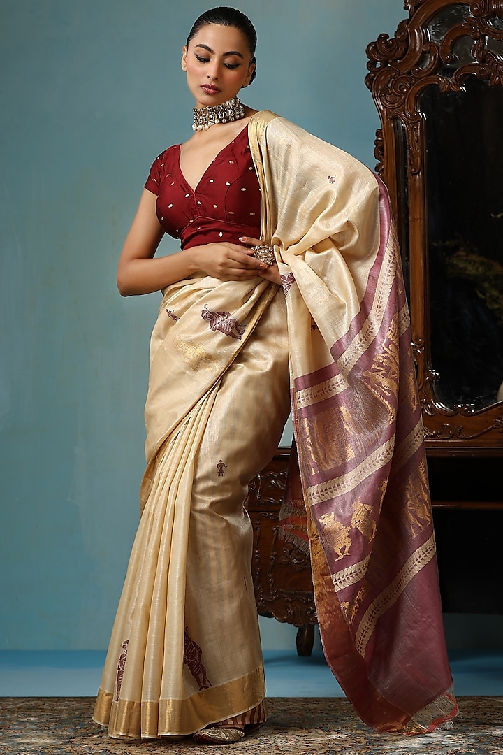 Beige & Purple Kosa Silk Handwoven Saree Set by Dusala India at Pernia's Pop Up Shop