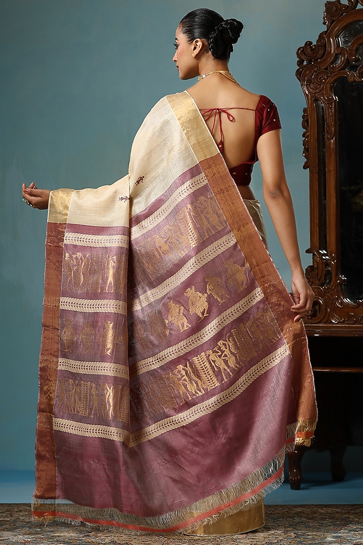 Beige & Purple Kosa Silk Handwoven Party Wear Saree Set by Dusala India at Pernia's Pop Up Shop